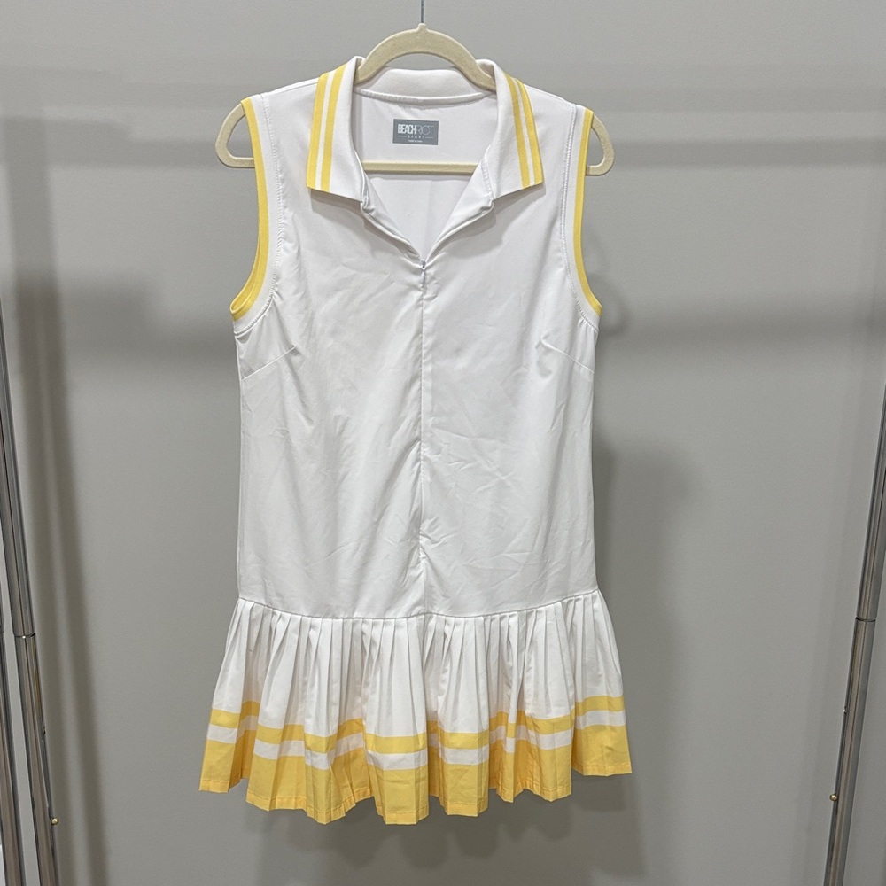Beach Riot Bria white & yellow stripe mini tennis dress w/ shorts & pockets sz M